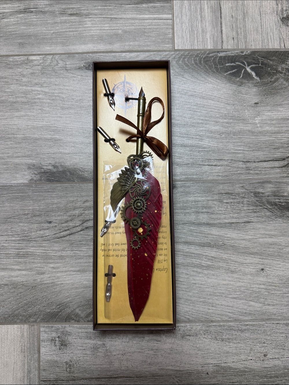 Steampunk Feather Calligraphy Pen with Gear Accents - Red